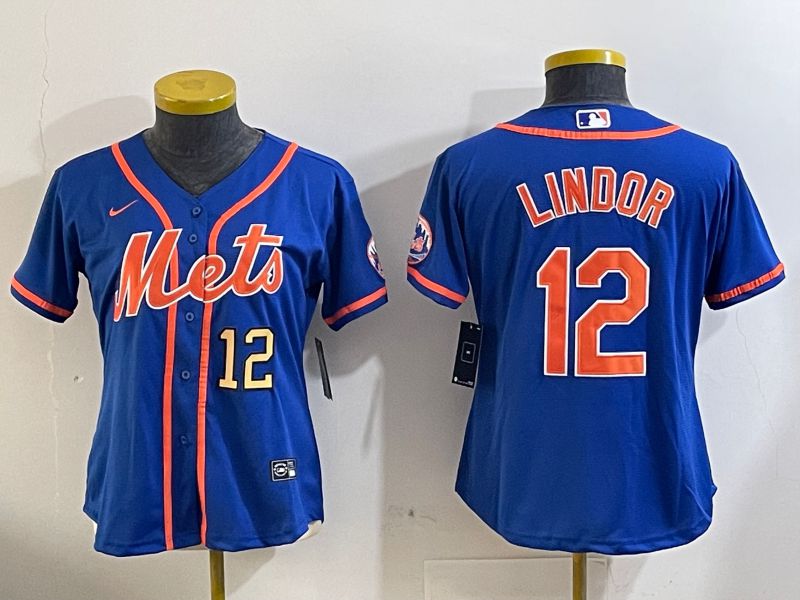 Women New York Mets #12 Lindor Blue Game 2024 Nike MLB Jersey style 1